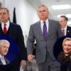 (Background) House Oversight and Government Reform Committee Chairman James Comer (R-KY) and Rep. Scott Perry (R-PA) walk in the hallway after former Secretary of State Hillary Clinton failed to appear for a closed-door deposition in the Rayburn House Office Building on Capitol Hill on January 14, 2026 in Washington, DC. Comer said the committee will vote next week to hold Hillary Clinton and her husband former President Bill Clinton in contempt of Congress for not testifying as part of the committee's investigation into Jeffrey Epstein. (Photo by Kevin Dietsch/Getty Images) / (L) Bill Clinton speaks onstage during the Clinton Global Initiative 2025 Annual Meeting at New York Hilton Midtown on September 25, 2025 in New York City. (Photo by JP Yim/Getty Images for New York Hilton Midtown) / (R) Hillary Clinton speaks during the "Locker Room Talk And Gutsy Women" conversation at 92NY on October 28, 2025 in New York City. (Photo by Arturo Holmes/Getty Images)