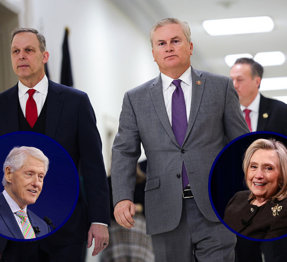 (Background) House Oversight and Government Reform Committee Chairman James Comer (R-KY) and Rep. Scott Perry (R-PA) walk in the hallway after former Secretary of State Hillary Clinton failed to appear for a closed-door deposition in the Rayburn House Office Building on Capitol Hill on January 14, 2026 in Washington, DC. Comer said the committee will vote next week to hold Hillary Clinton and her husband former President Bill Clinton in contempt of Congress for not testifying as part of the committee's investigation into Jeffrey Epstein. (Photo by Kevin Dietsch/Getty Images) / (L) Bill Clinton speaks onstage during the Clinton Global Initiative 2025 Annual Meeting at New York Hilton Midtown on September 25, 2025 in New York City. (Photo by JP Yim/Getty Images for New York Hilton Midtown) / (R) Hillary Clinton speaks during the "Locker Room Talk And Gutsy Women" conversation at 92NY on October 28, 2025 in New York City. (Photo by Arturo Holmes/Getty Images)