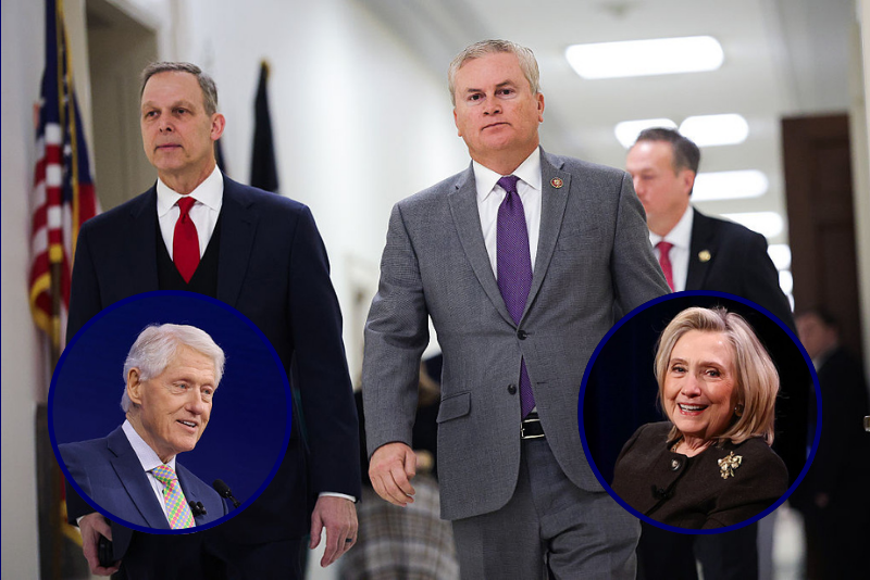 (Background) House Oversight and Government Reform Committee Chairman James Comer (R-KY) and Rep. Scott Perry (R-PA) walk in the hallway after former Secretary of State Hillary Clinton failed to appear for a closed-door deposition in the Rayburn House Office Building on Capitol Hill on January 14, 2026 in Washington, DC. Comer said the committee will vote next week to hold Hillary Clinton and her husband former President Bill Clinton in contempt of Congress for not testifying as part of the committee's investigation into Jeffrey Epstein. (Photo by Kevin Dietsch/Getty Images) / (L) Bill Clinton speaks onstage during the Clinton Global Initiative 2025 Annual Meeting at New York Hilton Midtown on September 25, 2025 in New York City. (Photo by JP Yim/Getty Images for New York Hilton Midtown) / (R) Hillary Clinton speaks during the "Locker Room Talk And Gutsy Women" conversation at 92NY on October 28, 2025 in New York City. (Photo by Arturo Holmes/Getty Images)