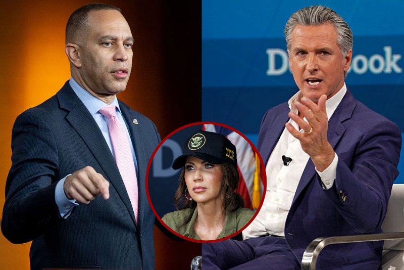 (R) US House Minority Leader Hakeem Jeffries, Democrat of New York, speaks at a press conference on Capitol Hill in Washington, DC, on January 8, 2026. (Photo by SAUL LOEB / AFP via Getty Images) / (L) Governor of California Gavin Newsom speak onstage during The New York Times DealBook Summit 2025 at Jazz at Lincoln Center on December 03, 2025 in New York City. (Photo by David Dee Delgado/Getty Images for The New York Times) / (C) U.S. Secretary of Homeland Security Kristi Noem at a roundtable discussion with local ranchers and employees from U.S. Customs and Border Protection on January 7, 2026 in Brownsville, Texas. (Photo by Michael Gonzalez/Getty Images)