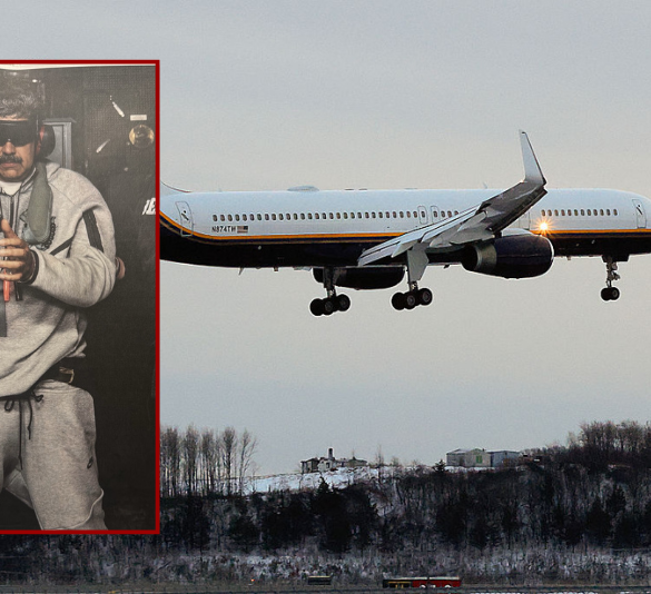 A Department of Justice aircraft arrives with Venezuelan leader Nicolás Maduro and his wife, Cilia Flores at Stewart Air National Guard Base on January 3, 2026 in Newburgh, NY, New York. President Trump confirmed in a news conference that the U.S. military carried out a large-scale strike in Caracas overnight resulting in their capture. (Photo by Kena Betancur/Getty Images) / (L) Nicolas Maduro on board the USS Iwo Jima (via President Donald Trump; Truth Social)