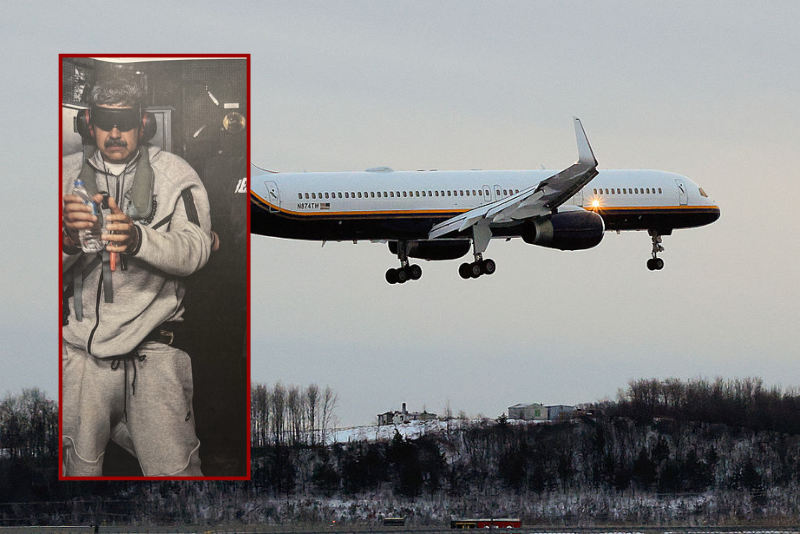 A Department of Justice aircraft arrives with Venezuelan leader Nicolás Maduro and his wife, Cilia Flores at Stewart Air National Guard Base on January 3, 2026 in Newburgh, NY, New York. President Trump confirmed in a news conference that the U.S. military carried out a large-scale strike in Caracas overnight resulting in their capture. (Photo by Kena Betancur/Getty Images) / (L) Nicolas Maduro on board the USS Iwo Jima (via President Donald Trump; Truth Social)