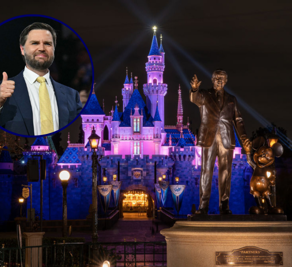 (Top left): J.D. Vance gives two thumbs at the Fiserv Forum in Milwaukee, Wisconsin, July 16, 2024. (Photo by ANGELA WEISS / AFP) / (Main photo) Sleeping Beauty Castle on April 26, 2021 at Disneyland Resort in Anaheim, California. (Photo by Christian Thompson/Disneyland Resort via Getty Images)