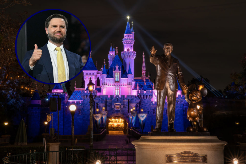 (Top left): J.D. Vance gives two thumbs at the Fiserv Forum in Milwaukee, Wisconsin, July 16, 2024. (Photo by ANGELA WEISS / AFP) / (Main photo) Sleeping Beauty Castle on April 26, 2021 at Disneyland Resort in Anaheim, California. (Photo by Christian Thompson/Disneyland Resort via Getty Images)