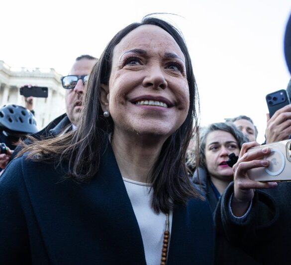 WASHINGTON, DC - JANUARY 15: Venezuelan opposition leader Maria Corina Machado is seen on Capitol Hill following a meeting with lawmakers on January 15, 2026 in Washington, DC. Machado has called for Democratic Unitary Platform candidate Edmundo González, who is widely considered to be the winner of the 2024 election, to assume the presidency of Venezuela following the January 03, 2026 capture and arrest of Nicolas Maduro by the United States military. (Photo by Anna Rose Layden/Getty Images)