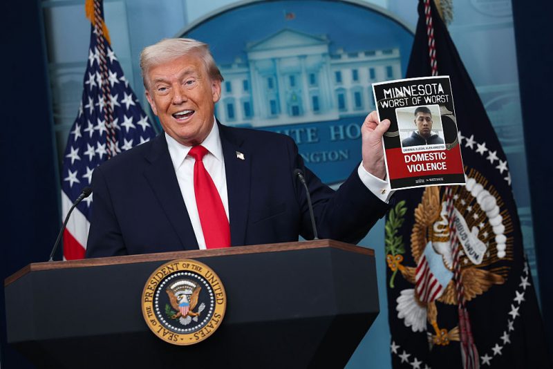 WASHINGTON, DC - JANUARY 20: U.S. President Donald Trump displays a photo of what he says is an illegal immigrant who was arrested in Minnesota during a press briefing in the James S. Brady Press Briefing Room of the White House on January 20, 2026 in Washington, DC. White House Press Secretary Karoline Leavitt was joined by President Trump days after the president threatened a 10% import tax on goods from eight European countries that have rallied around Denmark amid Trump's calls for the U.S. to take control of Greenland, a semi-autonomous Danish territory. (Photo by Kevin Dietsch/Getty Images)