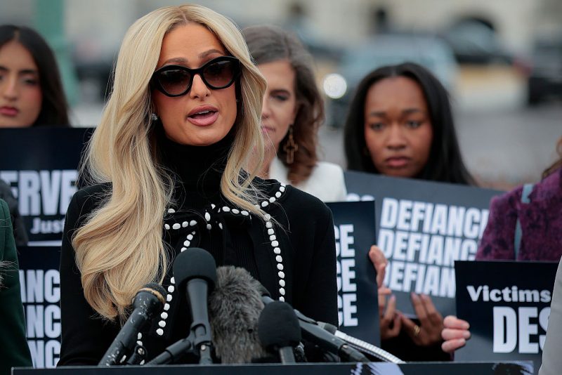 WASHINGTON, DC - JANUARY 22: Paris Hilton speaks at a press conference with bipartisan support for the DEFIANCE Act at the U.S. Capitol on January 22, 2026 in Washington, DC. The DEFIANCE Act proposes that legal recourse be provided for victims of nonconsensual deepfake pornography (Photo by Heather Diehl/Getty Images)