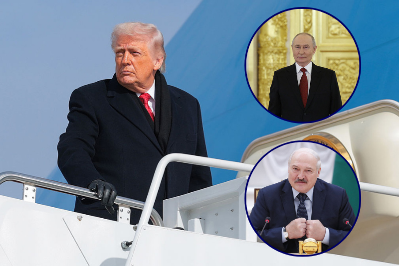 (Main photo): U.S. President Donald Trump boards Air Force One on January 16, 2026 in Joint Base Andrews, Maryland. (Photo by Anna Moneymaker/Getty Images) / (Top right): Russia's President Vladimir Putin at the Grand Kremlin Palace in Moscow on January 15, 2026. (Photo by Ramil Sitdikov / POOL / AFP via Getty Images) / (Bottom right): Belarusian President Alexander Lukashenko in Minsk on May 28, 2021. (Photo by Dmitry Astakhov / POOL / AFP)