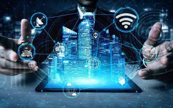 Holographic city above tablet with technology icons.