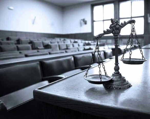 Scales of justice in an empty courtroom.