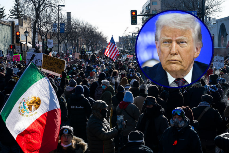 MINNEAPOLIS, MINNESOTA - JANUARY 24: People gather at the intersection of 26th Street and Nicollet Avenue after a fatal shooting by federal agents on January 24, 2026 in Minneapolis, Minnesota. Federal agents allegedly shot and killed 37-year-old Alex Pretti, a south Minneapolis resident, amid a scuffle to arrest him. The Trump administration has sent a reported 3,000 federal agents into the area, with more on the way, as they make a push to arrest undocumented immigrants in the region. (Photo by Stephen Maturen/Getty Images)/US President Donald Trump reacts at the "Board of Peace" meeting during the World Economic Forum (WEF) annual meeting in Davos on January 22, 2026. US President Donald Trump will show off his new "Board of Peace" at Davos on January 22, 2026 burnishing his claim to be a peacemaker a day after backing off his own threats against Greenland. Originally meant to oversee the rebuilding of Gaza after the war between Hamas and Israel, the board's charter does not limit its role to the Strip, and has sparked concerns that Trump wants it to rival the United Nations. (Photo by Mandel NGAN / AFP via Getty Images)