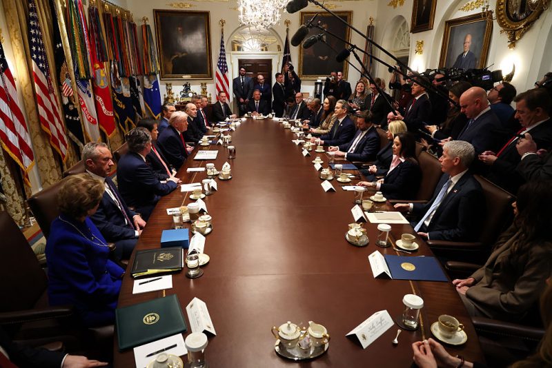 WASHINGTON, DC - JANUARY 29: U.S. President Donald Trump (C-L) speaks during a meeting of the Cabinet in the Cabinet Room of the White House on January 29, 2026 in Washington, DC. President Trump is holding the meeting as the Senate plans to hold a vote on a spending package to avoid another government shutdown, however Democrats are holding out for a deal to consider funding for the Department of Homeland Security.  (Photo by Win McNamee/Getty Images)