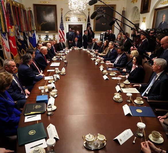 WASHINGTON, DC - JANUARY 29: U.S. President Donald Trump (C-L) speaks during a meeting of the Cabinet in the Cabinet Room of the White House on January 29, 2026 in Washington, DC. President Trump is holding the meeting as the Senate plans to hold a vote on a spending package to avoid another government shutdown, however Democrats are holding out for a deal to consider funding for the Department of Homeland Security. (Photo by Win McNamee/Getty Images)