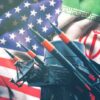 Iran and USA flags with missile launcher.