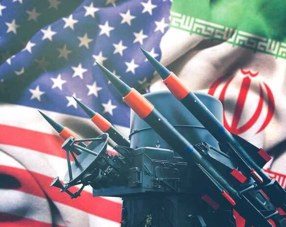 Iran and USA flags with missile launcher.