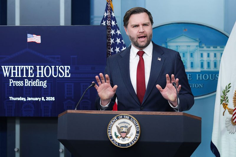 WASHINGTON, DC - JANUARY 08: U.S. Vice President JD Vance speaks during a news briefing in the James S. Brady Press Briefing Room of the White House on January 08, 2026 in Washington, DC. Vance joined White House Press Secretary Karoline Leavitt to address several topics including the welfare fraud scandal in Minnesota and yesterday's fatal shooting of a woman by an ICE agent during a confrontation in Minneapolis. (Photo by Alex Wong/Getty Images)