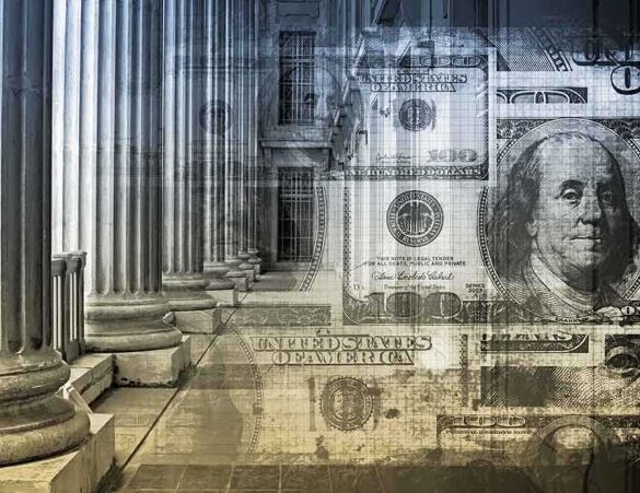 Architectural columns with a background of U.S. currency