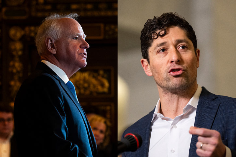 Minnesota Gov. Tim Walz speaks during a press conference at the State Capitol building on January 5, 2026 in St. Paul, Minnesota. Walz announced today that he is abandoning his re-election campaign for governor, blaming scrutiny from President Donald Trump for his decision. (Photo by Stephen Maturen/Getty Images) / Minneapolis Mayor Jacob Frey (C) speaks during a press conference at City Hall on January 09, 2026 in Minneapolis, Minnesota. Frey and local city officials are calling on federal investigators to turn over information to the Minnesota Bureau of Criminal Apprehension after the shooting death of Renee Good by a federal officer this week. (Photo by Stephen Maturen/Getty Images)