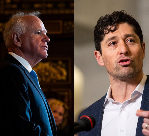 Minnesota Gov. Tim Walz speaks during a press conference at the State Capitol building on January 5, 2026 in St. Paul, Minnesota. Walz announced today that he is abandoning his re-election campaign for governor, blaming scrutiny from President Donald Trump for his decision. (Photo by Stephen Maturen/Getty Images) / Minneapolis Mayor Jacob Frey (C) speaks during a press conference at City Hall on January 09, 2026 in Minneapolis, Minnesota. Frey and local city officials are calling on federal investigators to turn over information to the Minnesota Bureau of Criminal Apprehension after the shooting death of Renee Good by a federal officer this week. (Photo by Stephen Maturen/Getty Images)