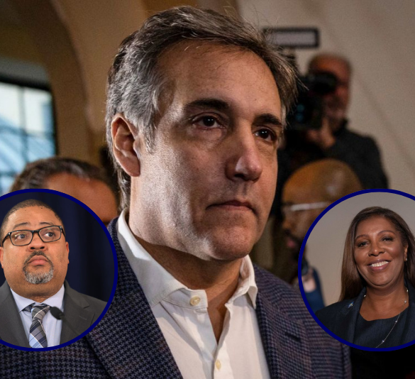 (Background) Michael Cohen returns to the courthouse after a break to resume trial where he is testifying against former US President Donald Trump in New York City on October 24, 2023. As former US President Donald Trump arrived at his New York civil fraud trial Tuesday he blasted his former right-hand man Michael Cohen as a "liar," ahead of testimony by the disgraced lawyer that could expose his old boss's intimate business secrets. (Photo by Alex Kent / AFP) (Photo by ALEX KENT/AFP via Getty Images) / (L) Manhattan District Attorney Alvin Bragg pauses as he speaks during a press conference at the Louis J. Lefkowitz State Office Building on March 21, 2024 in New York City. Bragg announced the indictment of Grimaldi's Pizza owner Anthony Piscina and the pizzeria's Manhattan manager Frank Santora for $20,000 in wage theft from at least seven employees at the Grimaldi's Flatiron location. They are both charged with Scheme to Defraud and seven counts of Failure to Pay Wages in accordance with Labor Law. (Photo by Michael M. Santiago/Getty Images) / (R) New York State Attorney General Letitia James returns after a lunch break in the Trump Organization civil fraud trial, at the New York State Supreme Court in New York City on November 8, 2023. The former president's daughter left the Trump Organization in 2017 to become a White House advisor and is not a codefendant in the case. Trump, his sons Don Jr and Eric, and other Trump Organization executives are accused of exaggerating the value of their real estate assets by billions of dollars to obtain more favorable bank loans and insurance terms. (Photo by Adam GRAY / AFP) (Photo by ADAM GRAY/AFP via Getty Images)