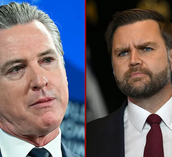 (Right) U.S. Vice President JD Vance gives remarks following a roundtable discussion with local leaders and community members amid a surge of federal immigration authorities in the area, at Royalston Square on in Minneapolis, Minnesota. (Photo by Brandon Bell/Getty Images) / (Left) US Governor Of California Gavin Newsom looks on during the World Economic Forum (WEF) annual meeting in Davos. (Photo by Fabrice COFFRINI / AFP via Getty Images)