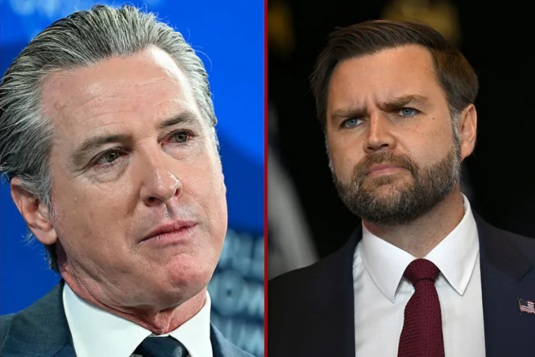(Right) U.S. Vice President JD Vance gives remarks following a roundtable discussion with local leaders and community members amid a surge of federal immigration authorities in the area, at Royalston Square on in Minneapolis, Minnesota. (Photo by Brandon Bell/Getty Images) / (Left) US Governor Of California Gavin Newsom looks on during the World Economic Forum (WEF) annual meeting in Davos. (Photo by Fabrice COFFRINI / AFP via Getty Images)