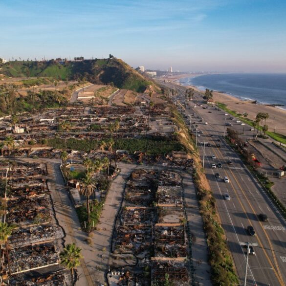 Aerial view of fire-damaged homes in Los Angeles.