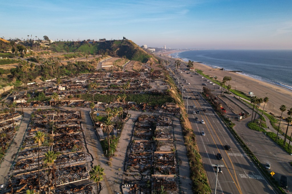 Aerial view of fire-damaged homes in Los Angeles.