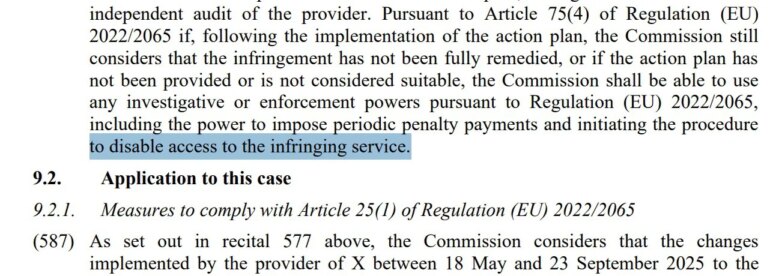 The EU threatens to block X if it does not meet its demands.