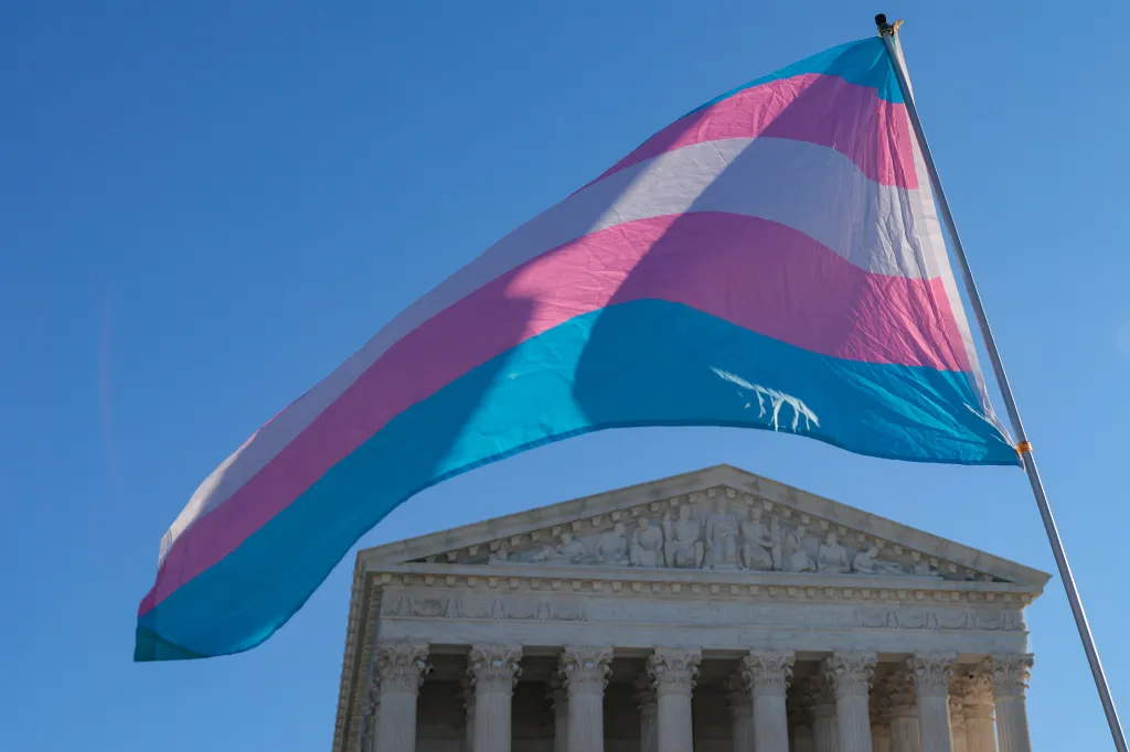 Transgender pride flag waving above the US Supreme Court building.