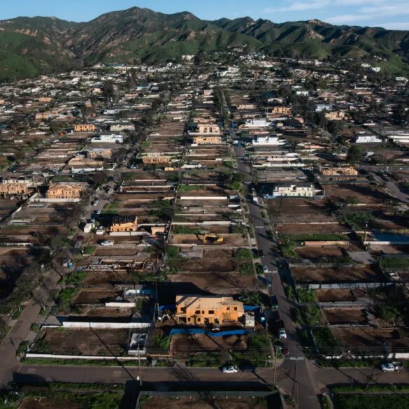 Aerial view of Pacific Palisades, California showing many homes under reconstruction in a fire-ravaged neighborhood.