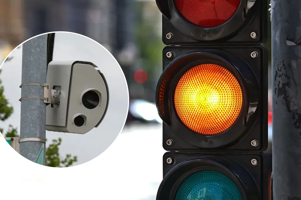 An image collage containing 2 images, Image 1 shows Traffic light with a yellow light illuminated on a blurred city street, Image 2 shows A speed camera mounted on a pole above two street signs, one reading "33rd Rd" and the other "Firefighter Christopher A. Santora Place."
