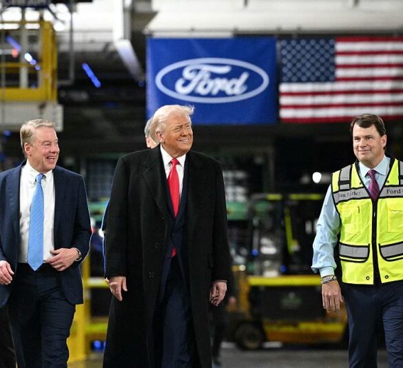 US President Donald Trump, alongside L/R Ford executive chairman Bill Fordand Ford CEO Jim Farley, tours Ford Motor Company's River Rouge complex in Dearborn, Michigan, on January 13, 2026. (Photo by Mandel NGAN / AFP via Getty Images)