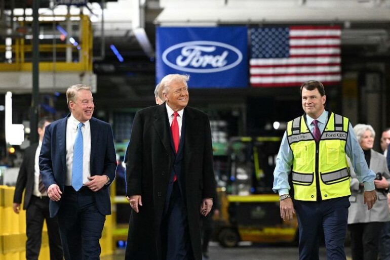 US President Donald Trump, alongside L/R Ford executive chairman Bill Fordand Ford CEO Jim Farley, tours Ford Motor Company's River Rouge complex in Dearborn, Michigan, on January 13, 2026. (Photo by Mandel NGAN / AFP via Getty Images)