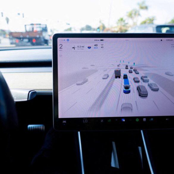 A Tesla Model 3's in-car display showing an illustration of the car self-driving on a road with other vehicles.