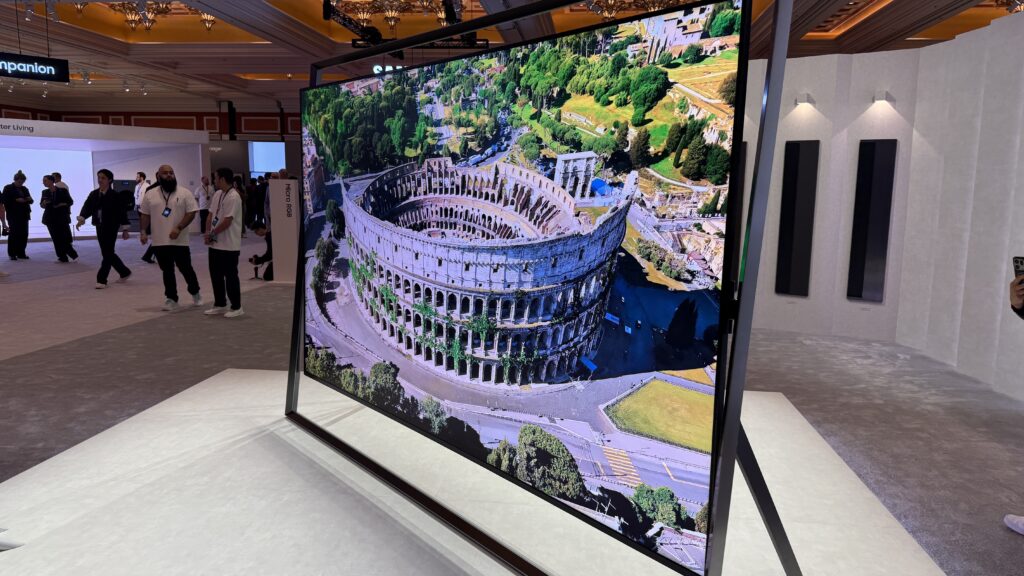Samsung's Micro RGB TV at CES 2026 showing footage of the Colosseum in Rome