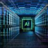 Illustration of a server room with an "AI" logo at the end, representing artificial intelligence infrastructure.