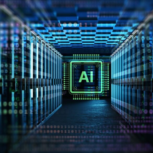 Illustration of a server room with an "AI" logo at the end, representing artificial intelligence infrastructure.