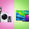 An assortment of tech and kitchen products on a split green and pink background
