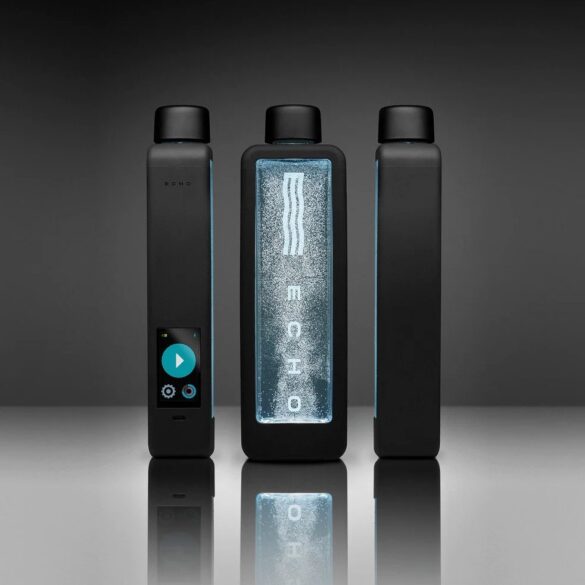 Three black Echo smart water bottles, showing the front, side, and back views.