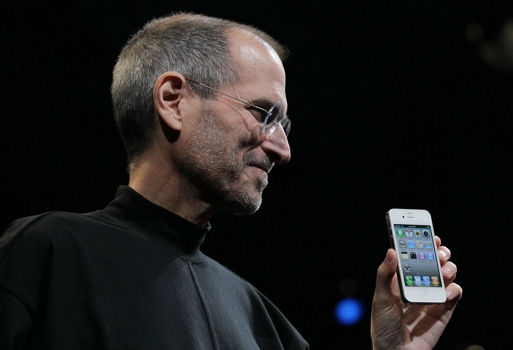 Apple CEO Steve Jobs presenting the new iPhone 4 at the Apple Worldwide Developers Conference.