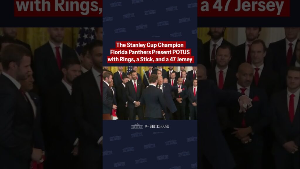 The Stanley Cup Champion Florida Panthers present POTUS with rings, a hockey stick, and a 47 jersey🔥