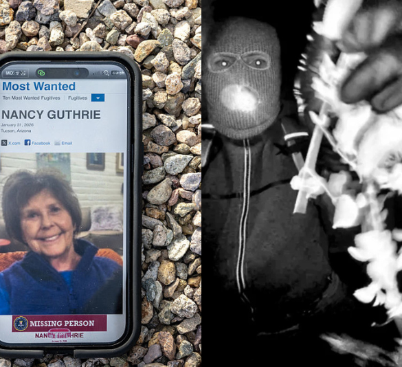 In this photo illustration, Nancy Guthrie is seen on the FBI website on a cellular phone February 10, 2026 in Tucson, Arizona. Searches continues for Nancy Guthrie, the 84-year-old mother of U.S. journalist and television host Savannah Guthrie, after she went missing from her home on the morning of February 1st. Guthrie's possible abductors had set a deadline of 5pm on February 9 for a $6 million payment. (Photo by Brandon Bell/Getty Images) / Suspect (FBI)