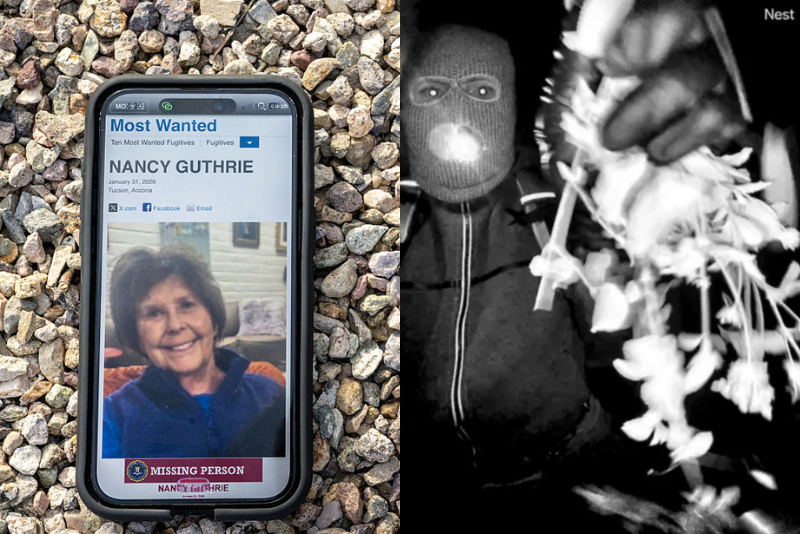 In this photo illustration, Nancy Guthrie is seen on the FBI website on a cellular phone February 10, 2026 in Tucson, Arizona. Searches continues for Nancy Guthrie, the 84-year-old mother of U.S. journalist and television host Savannah Guthrie, after she went missing from her home on the morning of February 1st. Guthrie's possible abductors had set a deadline of 5pm on February 9 for a $6 million payment. (Photo by Brandon Bell/Getty Images) / Suspect (FBI)