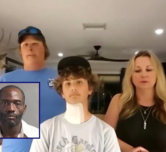 (Background) Screen capture of Jerod Clarke, Sullivan Clarke and Lori Clarke (via: Fox 35 Orlando) / (L) Jermaine Lynn Long (via: Volusia County Corrections Center)