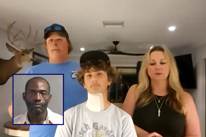 (Background) Screen capture of Jerod Clarke, Sullivan Clarke and Lori Clarke (via: Fox 35 Orlando) / (L) Jermaine Lynn Long (via: Volusia County Corrections Center)