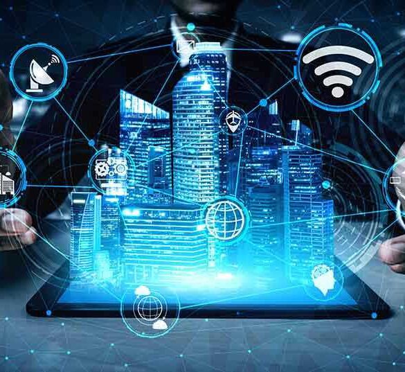 Holographic city above tablet with technology icons.