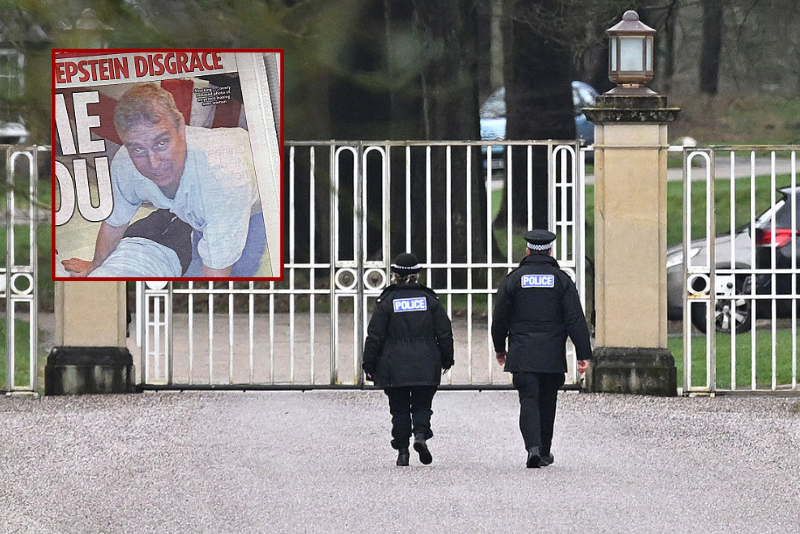 (Background) Police Officers patrol near the gates of the Royal Lodge, Andrew Mountbatten-Windsor's former residence in Windsor Great Park, February 19, 2026 in Windsor, England. The former Prince Andrew was arrested today at his new residence on the Sandringham estate on suspicion of misconduct in public office. In a statement, Thames Valley police said they were also "carrying out searches at addresses in Berkshire and Norfolk" as part of the investigation. The Berkshire property is believed to be the Royal Lodge. (Photo by Leon Neal/Getty Images) / (L) In this photo illustration, the front page of the Daily Star and The Sun newspapers with an image of Andrew Mountbatten-Windsor is seen on February 01, 2026 in London, England. Three million new documents were released by the United States Department of Justice under the Epstein Files Transparency Act. (Photo by Gareth Cattermole/Getty Images)
