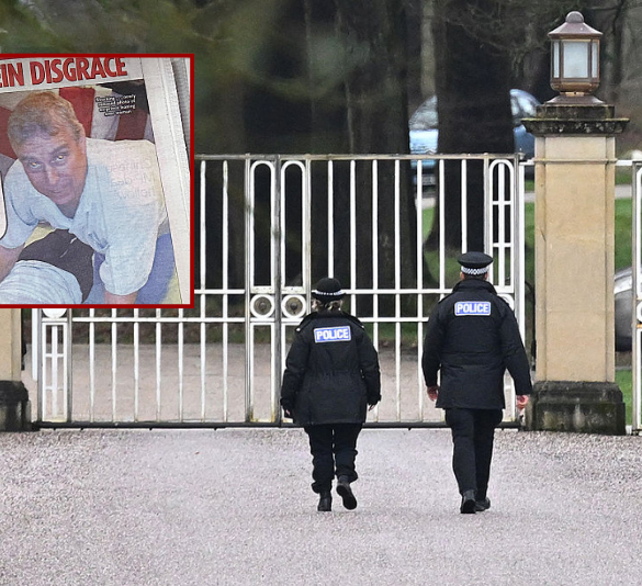 (Background) Police Officers patrol near the gates of the Royal Lodge, Andrew Mountbatten-Windsor's former residence in Windsor Great Park, February 19, 2026 in Windsor, England. The former Prince Andrew was arrested today at his new residence on the Sandringham estate on suspicion of misconduct in public office. In a statement, Thames Valley police said they were also "carrying out searches at addresses in Berkshire and Norfolk" as part of the investigation. The Berkshire property is believed to be the Royal Lodge. (Photo by Leon Neal/Getty Images) / (L) In this photo illustration, the front page of the Daily Star and The Sun newspapers with an image of Andrew Mountbatten-Windsor is seen on February 01, 2026 in London, England. Three million new documents were released by the United States Department of Justice under the Epstein Files Transparency Act. (Photo by Gareth Cattermole/Getty Images)