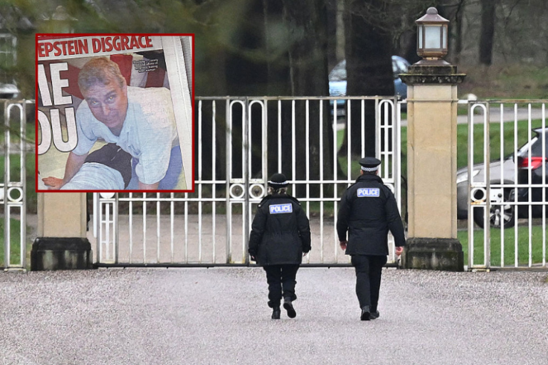 (Background) Police Officers patrol near the gates of the Royal Lodge, Andrew Mountbatten-Windsor's former residence in Windsor Great Park, February 19, 2026 in Windsor, England. The former Prince Andrew was arrested today at his new residence on the Sandringham estate on suspicion of misconduct in public office. In a statement, Thames Valley police said they were also "carrying out searches at addresses in Berkshire and Norfolk" as part of the investigation. The Berkshire property is believed to be the Royal Lodge. (Photo by Leon Neal/Getty Images) / (L) In this photo illustration, the front page of the Daily Star and The Sun newspapers with an image of Andrew Mountbatten-Windsor is seen on February 01, 2026 in London, England. Three million new documents were released by the United States Department of Justice under the Epstein Files Transparency Act. (Photo by Gareth Cattermole/Getty Images)
